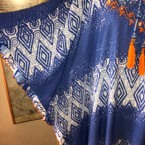 Sz M Kalypso 7 Blue & White Ombre Print Beach Coverup with Orange Embroi… - Picture 10 of 17